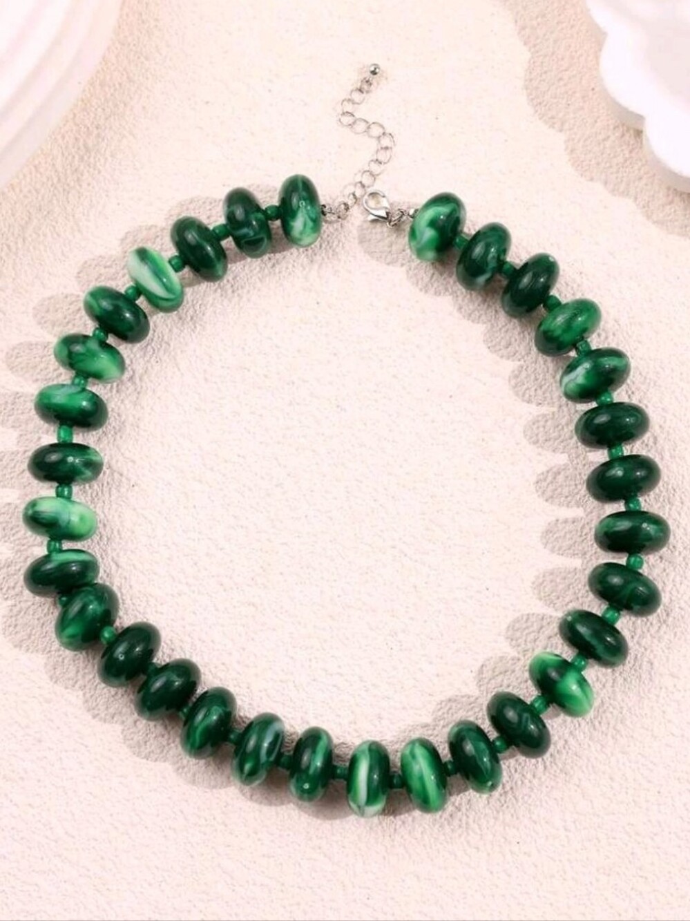 NEW! Stunning Green Marble Chunky Bead Statement Silver Necklace - Women Jewelry - Picture 5 of 5